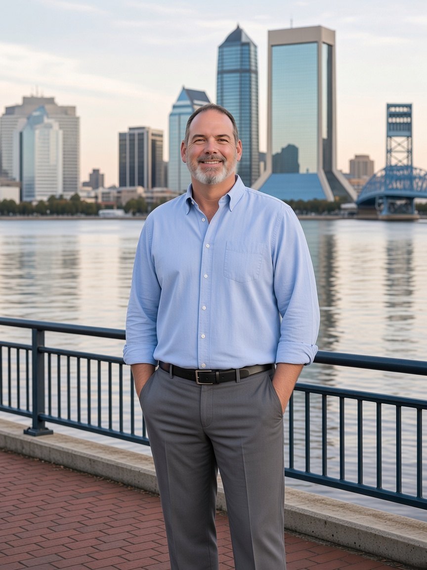 Eric C. Roberson on the Jacksonville riverfront with the downtown skyline behind him